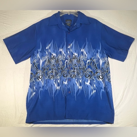 VTG Extreme Gear Blue Dragon Short Sleeve Button Men Shirt Size Medium Y2K - Picture 1 of 5
